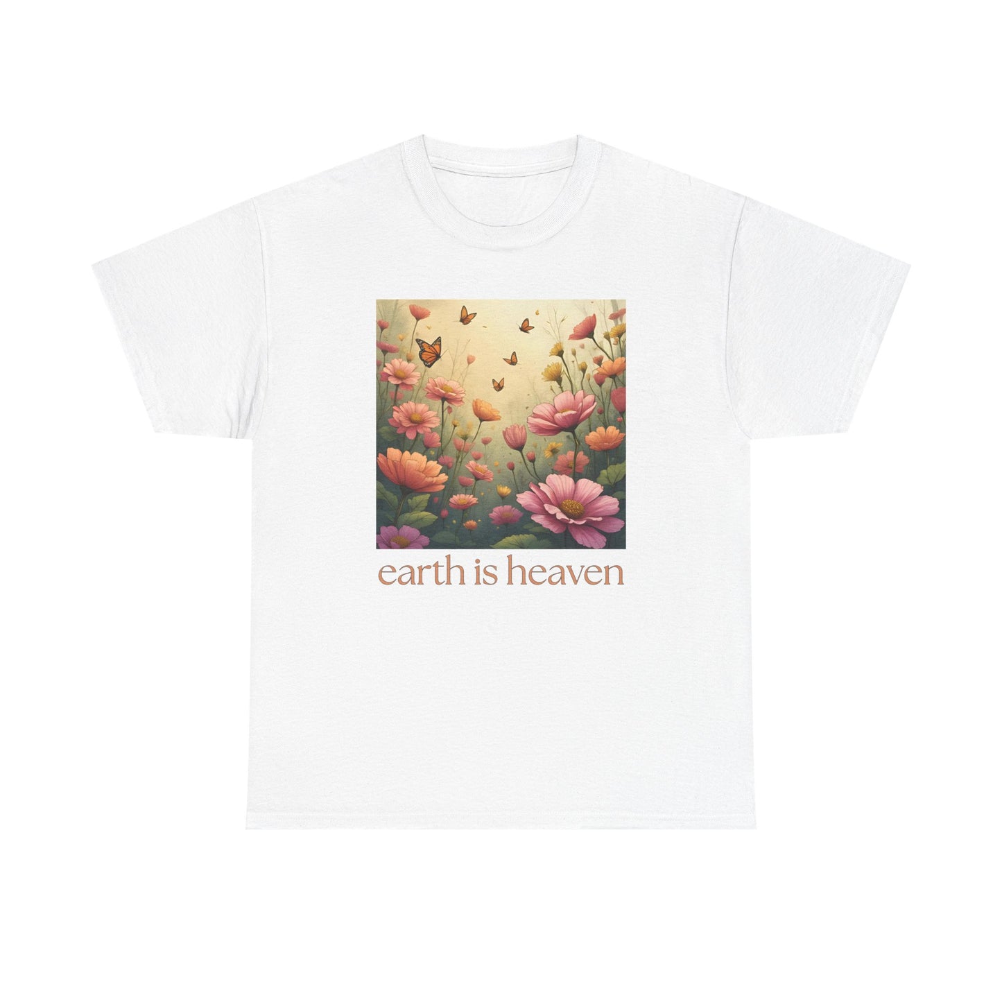 White t-shirt with floral design and 'earth is heaven' text on a white background