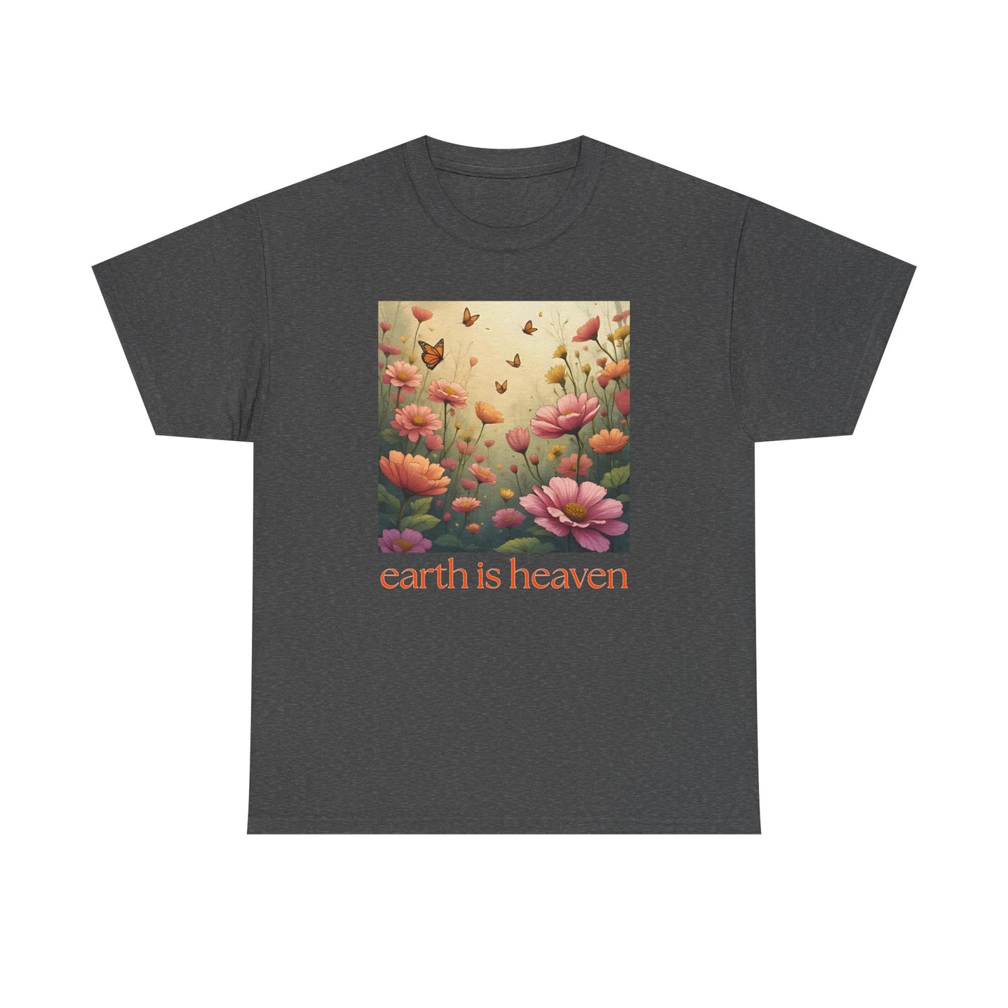 Dark gray t-shirt with a floral design and 'earth is heaven' text on a white background