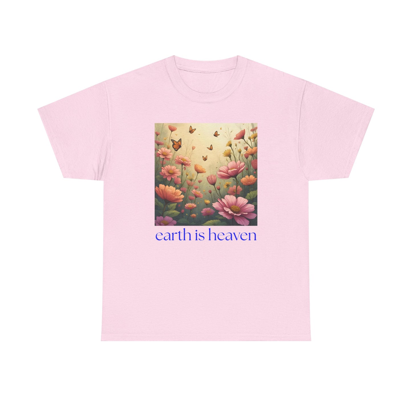 Pink t-shirt with floral design and 'earth is heaven' text on a white background