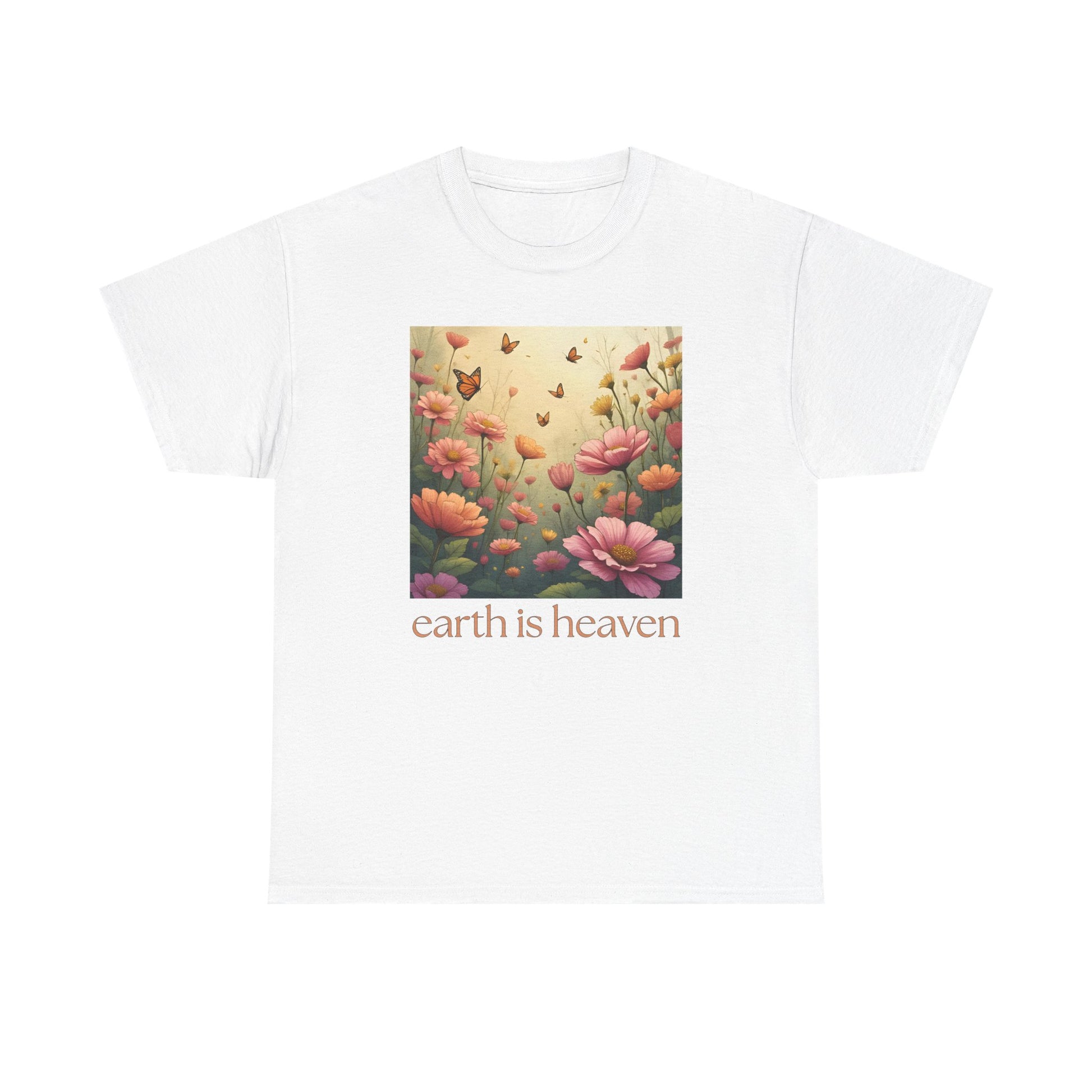 White t-shirt with floral design and 'earth is heaven' text on a white background