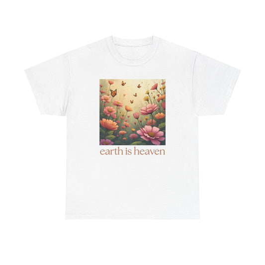 White t-shirt with floral design and 'earth is heaven' text on a white background
