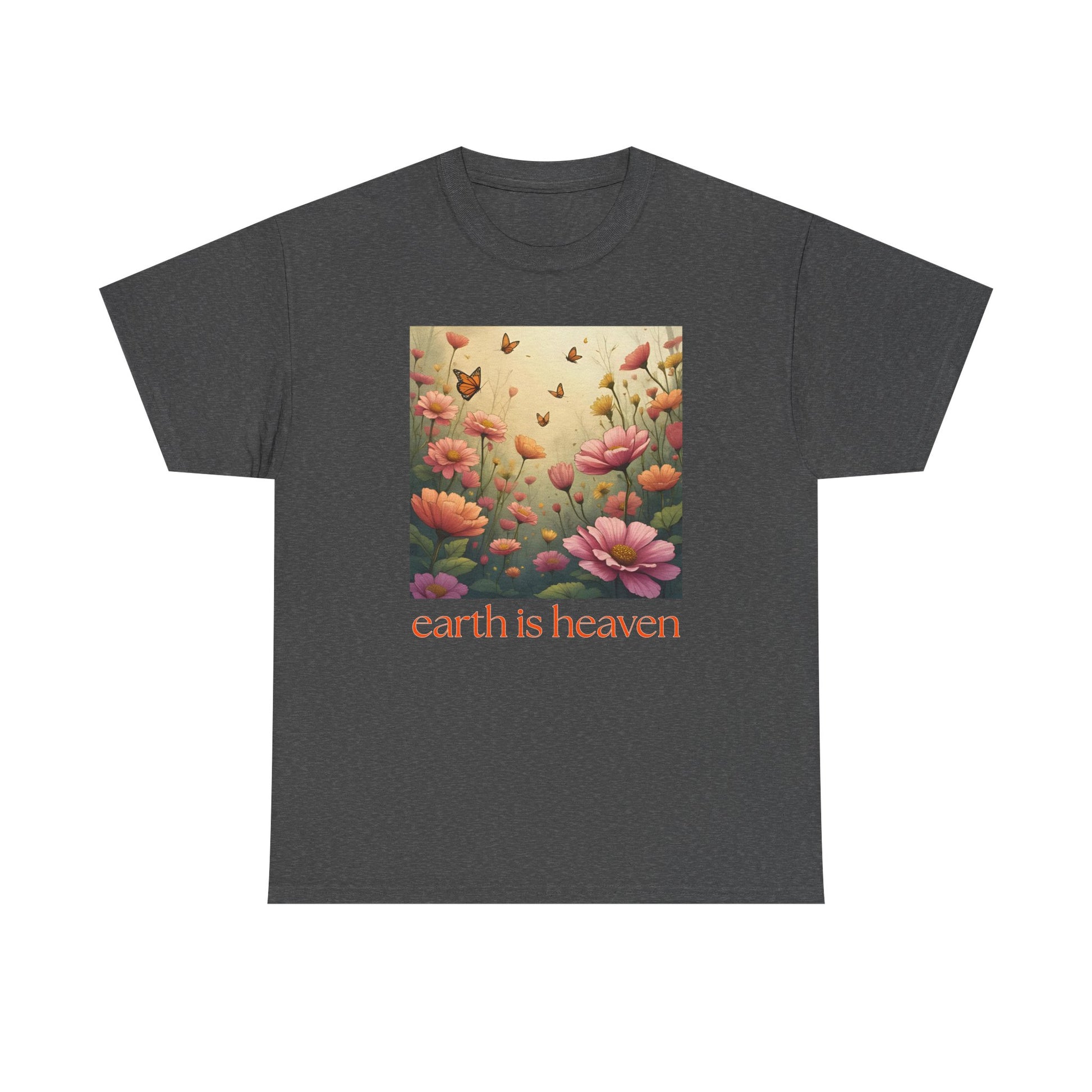 Dark gray t-shirt with a floral design and 'earth is heaven' text on a white background