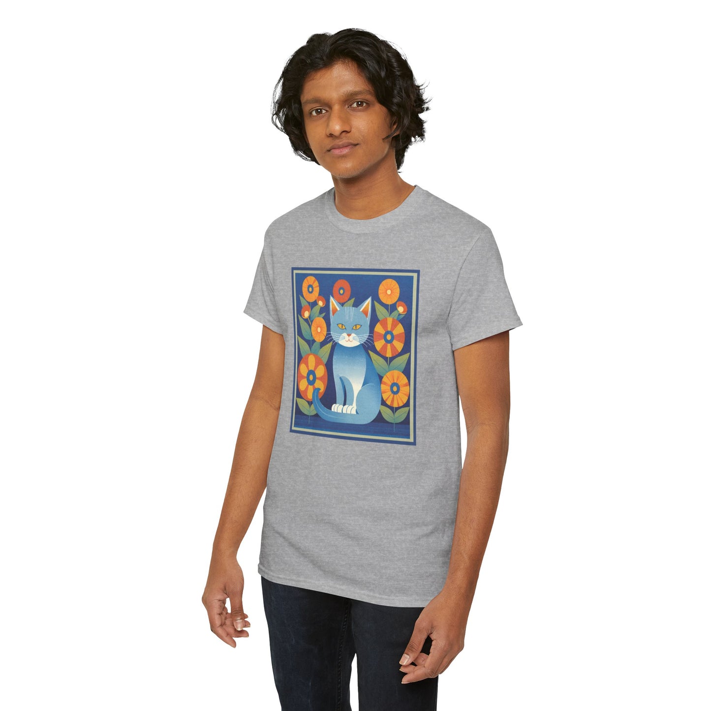 Gray Blue Cat Retro T-shirt