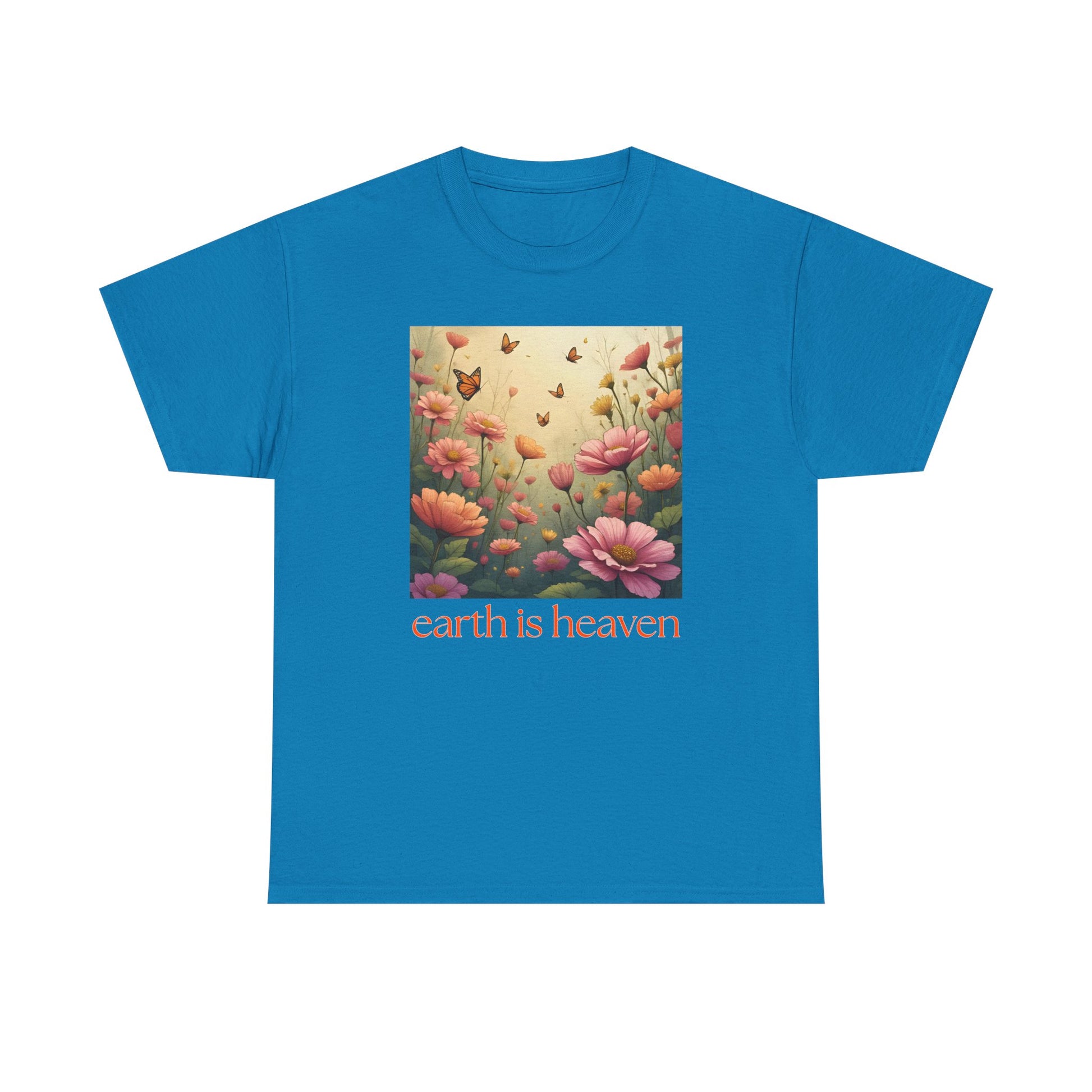 Blue t-shirt with a floral design and 'earth is heaven' text on a white background