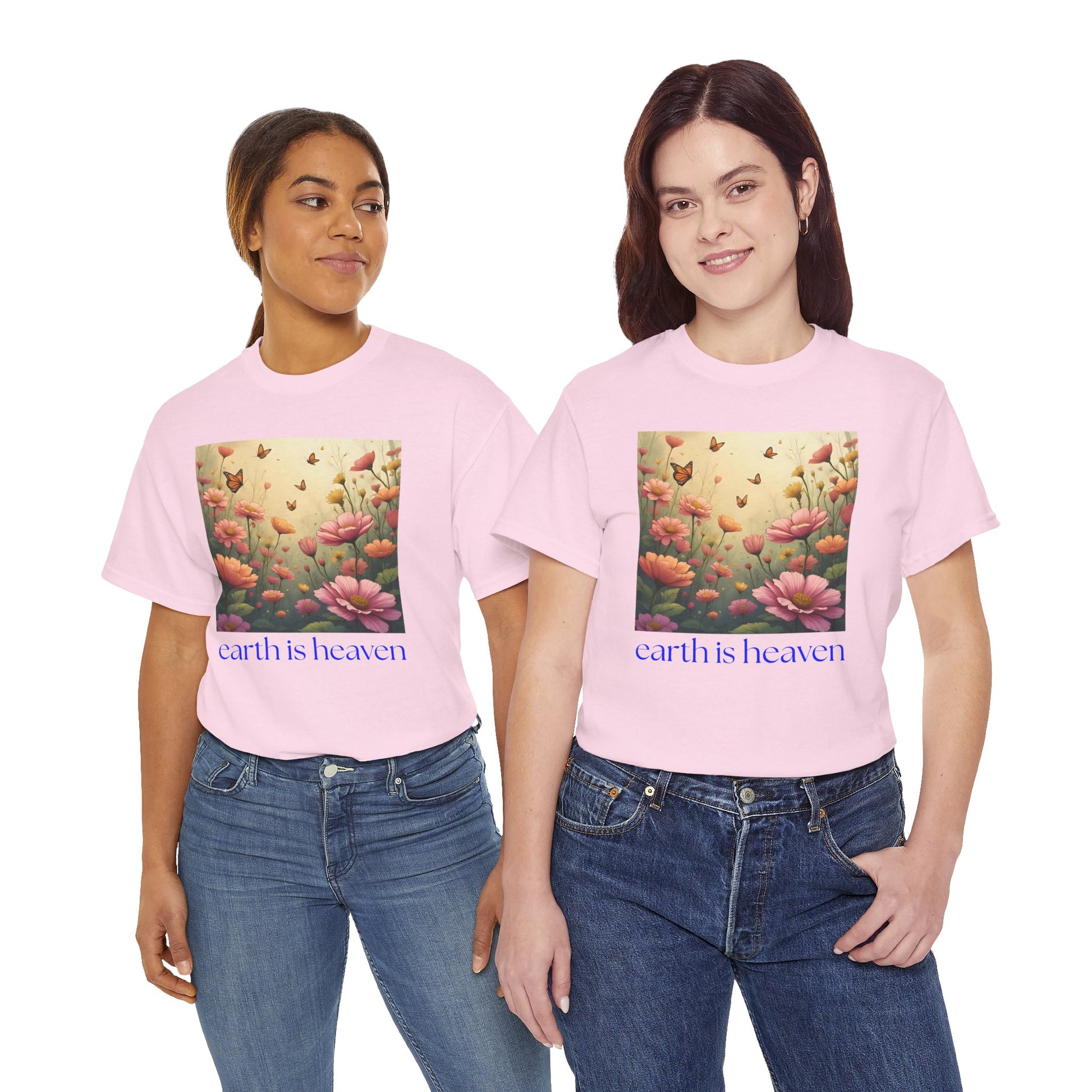 Two people wearing pink t-shirts with a floral design and 'earth is heaven' text on a white background.