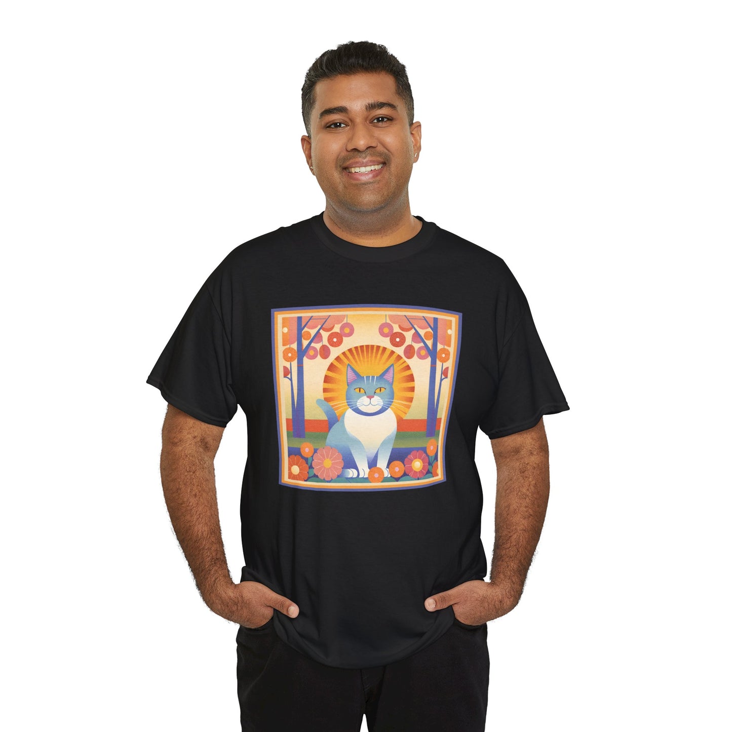 Blue and White Cat Retro T-shirt