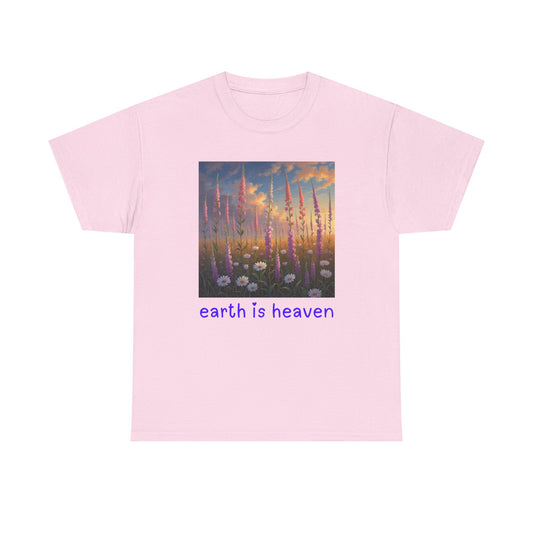 Pink t-shirt with a graphic of tall grasses and 'earth is heaven' text on a white background