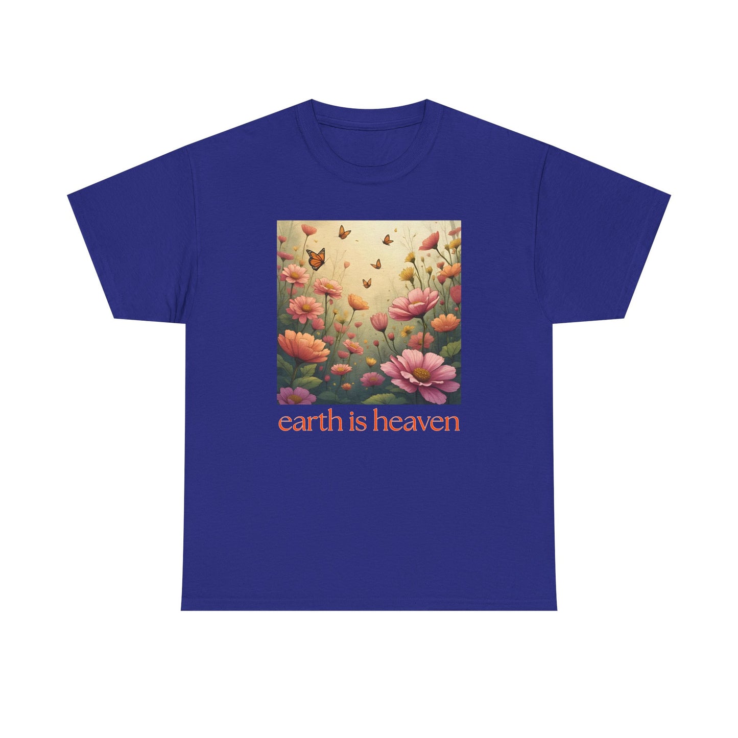 Blue t-shirt with a floral design and 'earth is heaven' text on a white background