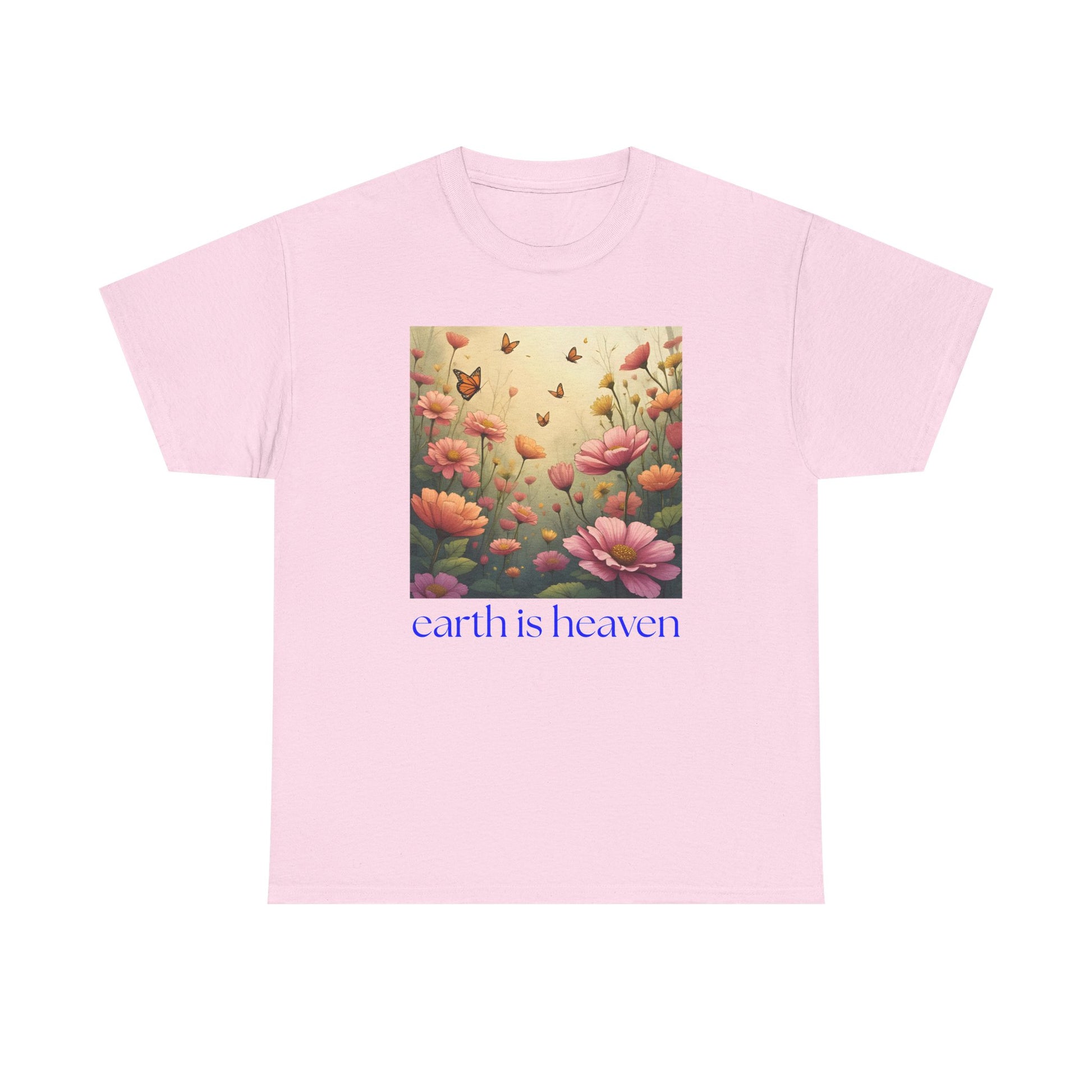 Pink t-shirt with floral design and 'earth is heaven' text on a white background