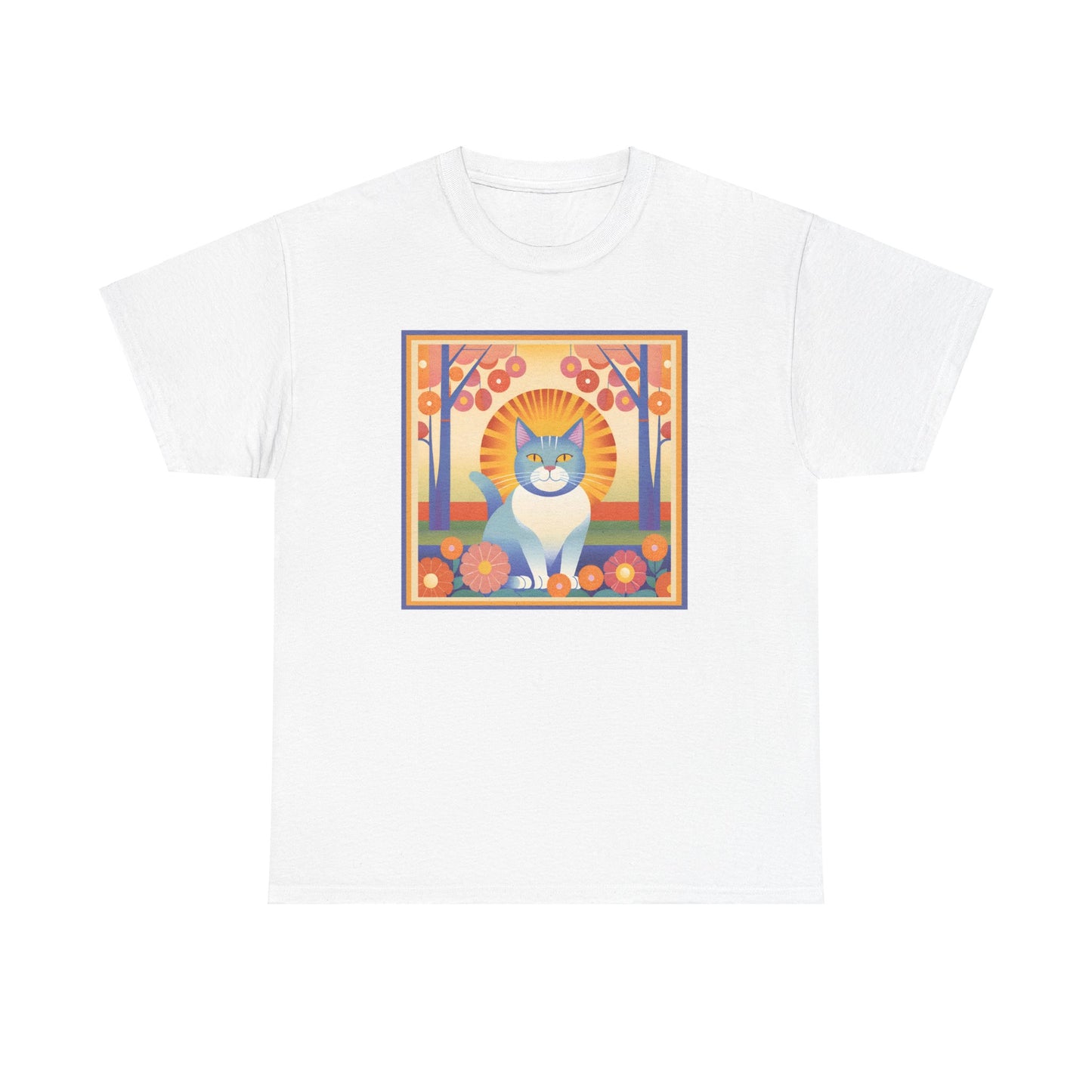 Blue and White Cat Retro T-shirt