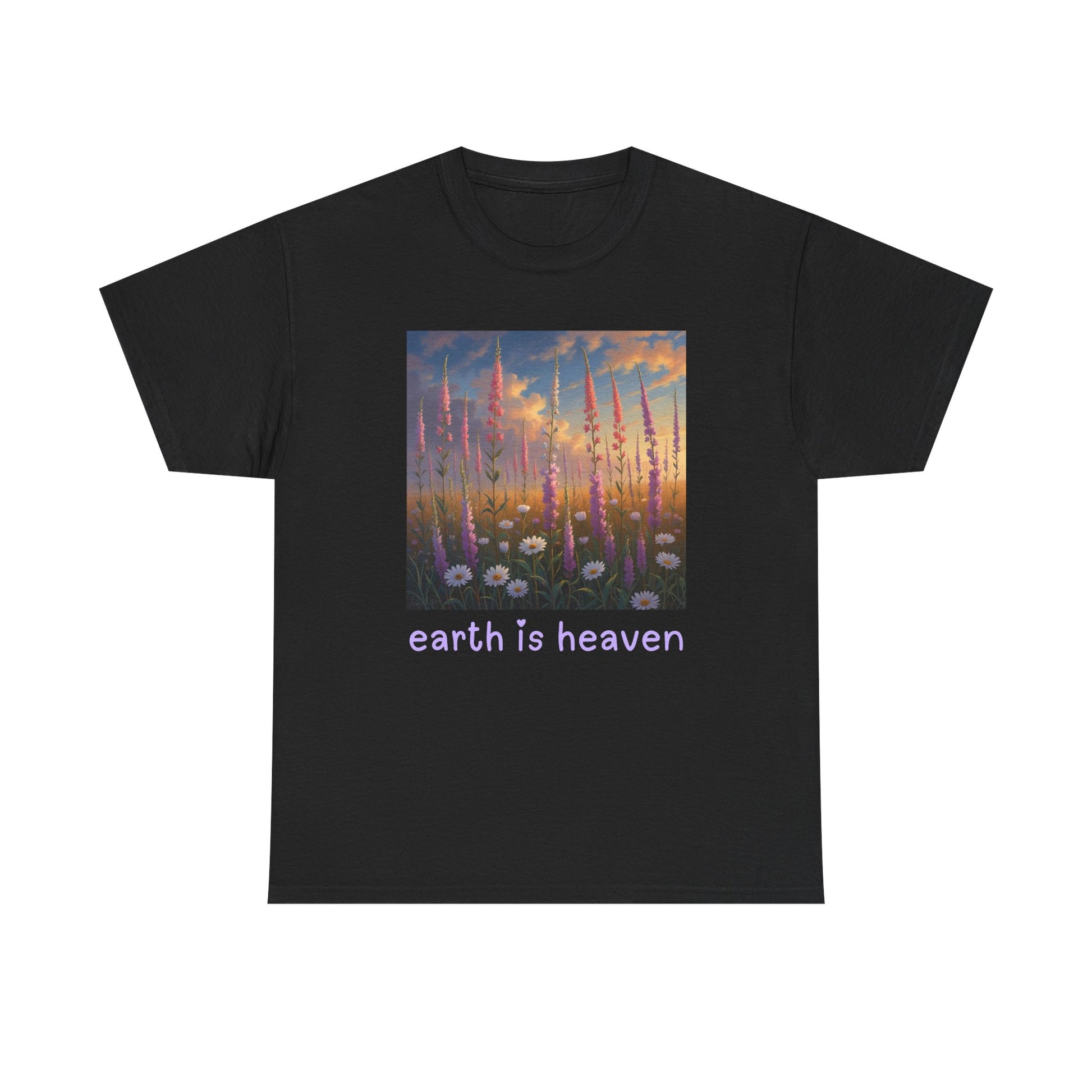 Black t-shirt with a graphic of a field of flowers and 'earth is heaven' text on a white background