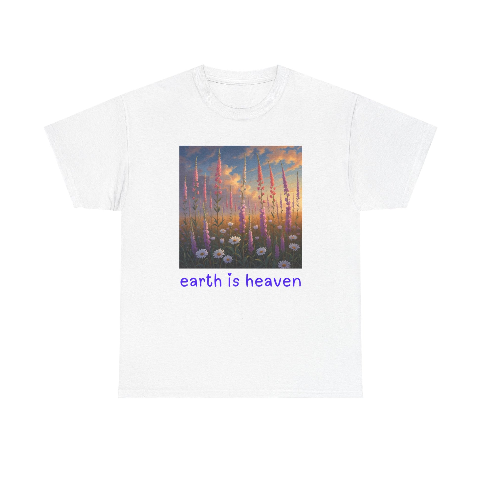 White t-shirt with a graphic of tall grasses and 'earth is heaven' text on a white background